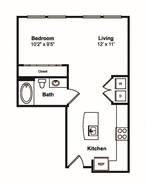 Floor plan for studio, 1 bath, 610 sqft